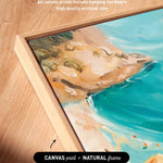 The image is a close-up of a framed artwork depicting a beach scene with a blue sky and ocean.