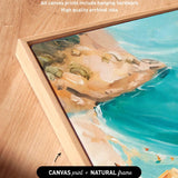 The image is a close-up of a framed artwork depicting a beach scene with a blue sky and ocean.
