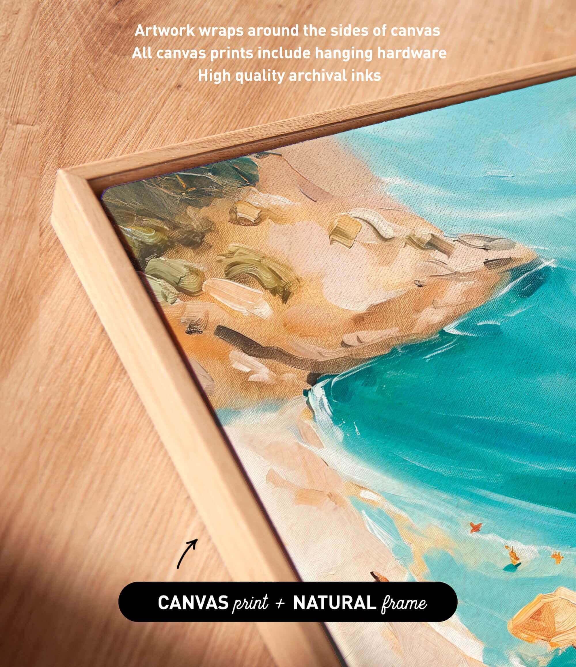 The image is a close-up of a framed artwork depicting a beach scene with a blue sky and ocean.