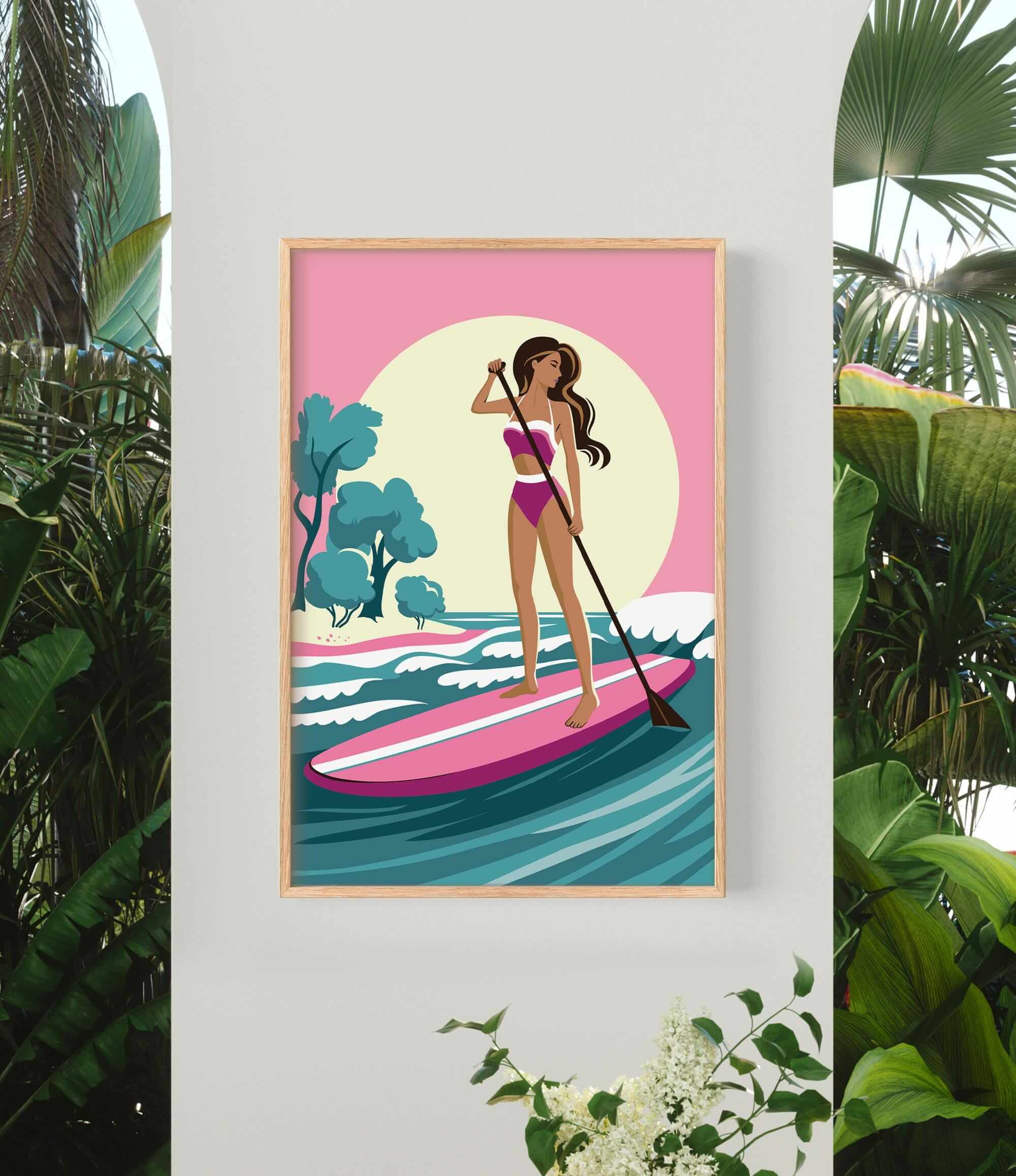 A woman in a pink swimsuit is paddleboarding on a pink surfboard, surrounded by tropical plants and a pink and yellow sunset in the background.