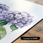 a close-up view of a watercolor painting of purple hydrangea flowers on a white background.