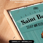 a framed print with a vintage-style design, including text and graphics.