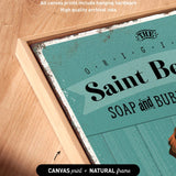 a framed print with a vintage-style design, including text and graphics.