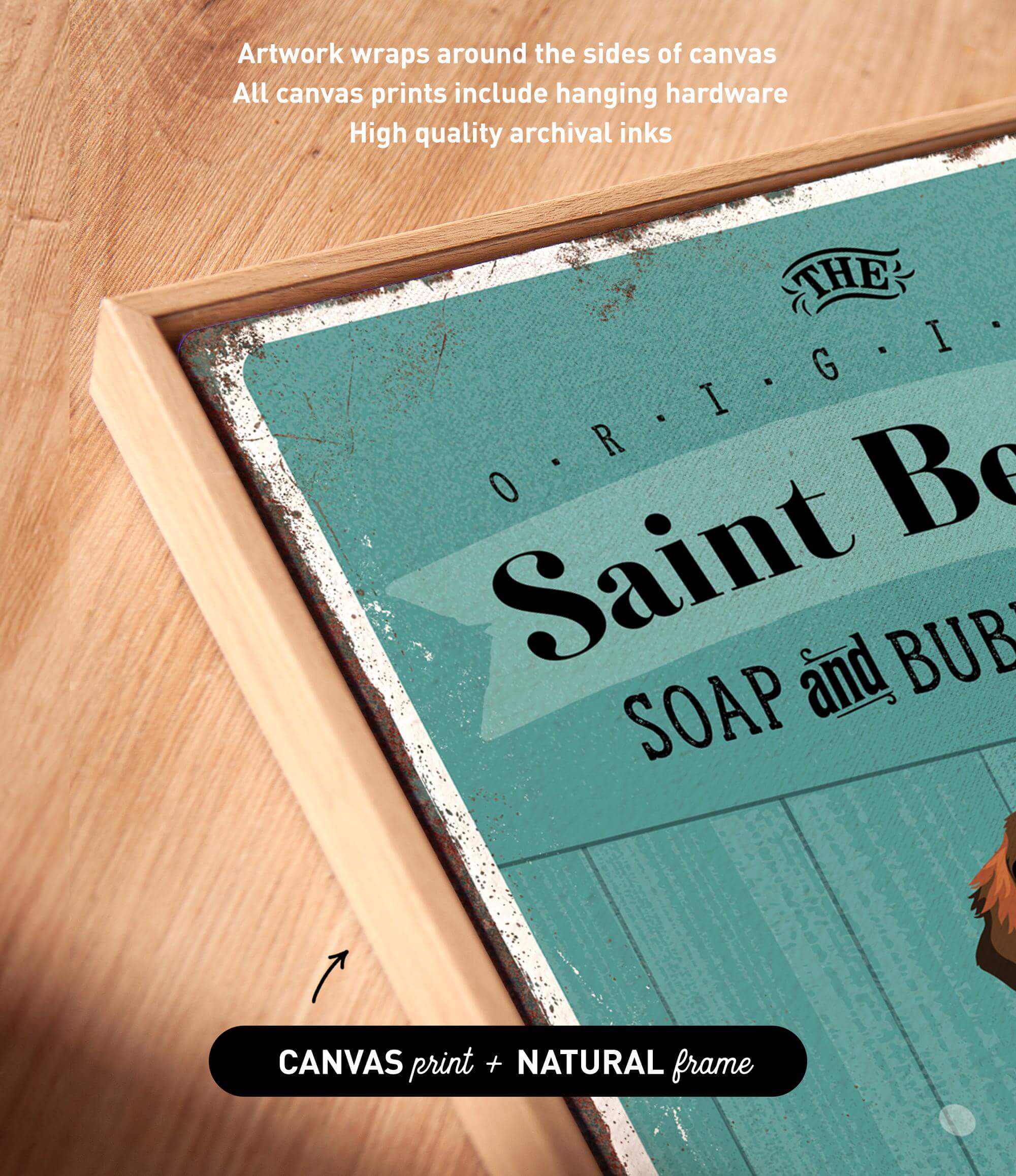 a framed print with a vintage-style design, including text and graphics.