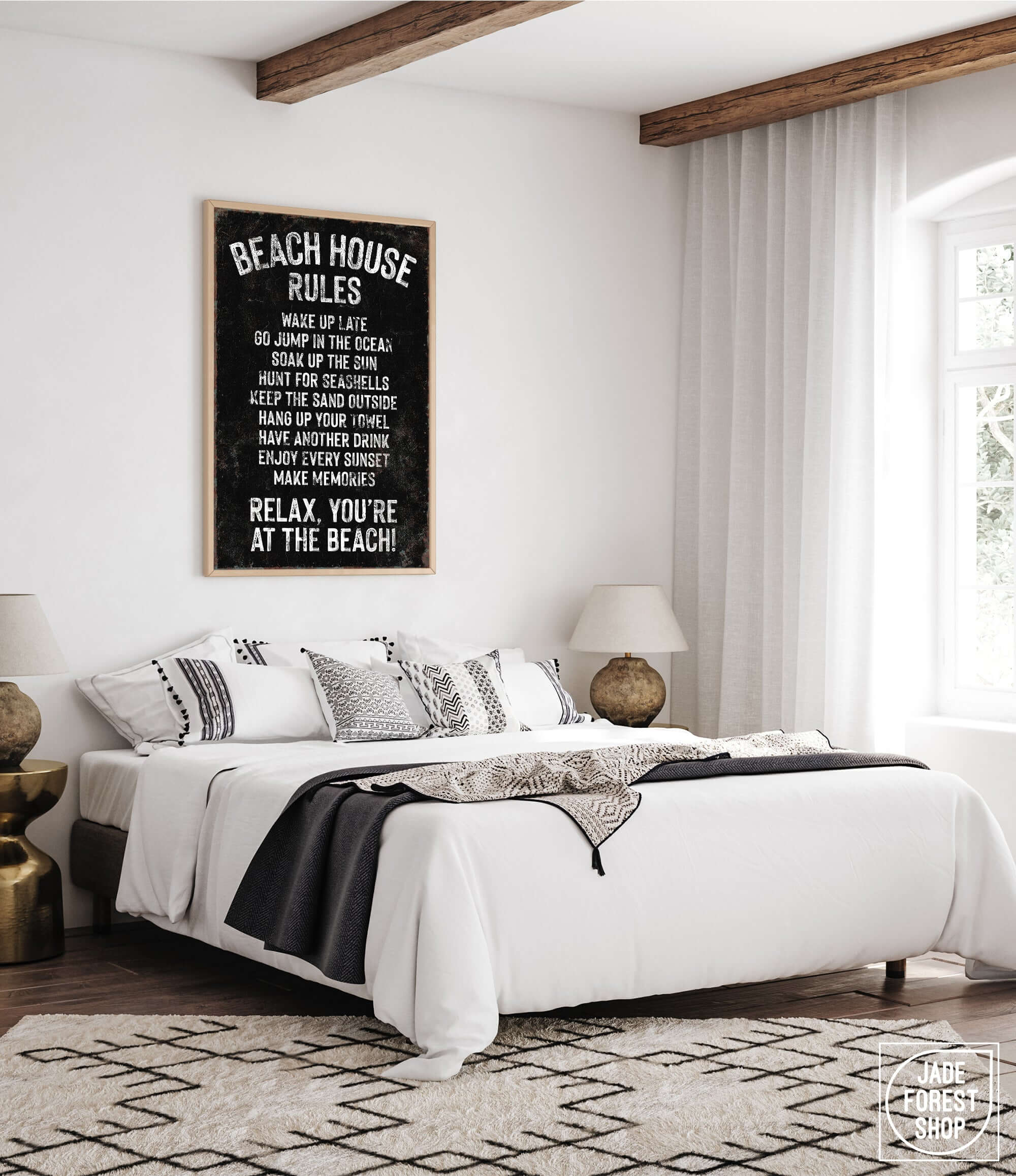 a bedroom with a bed and a poster on the wall