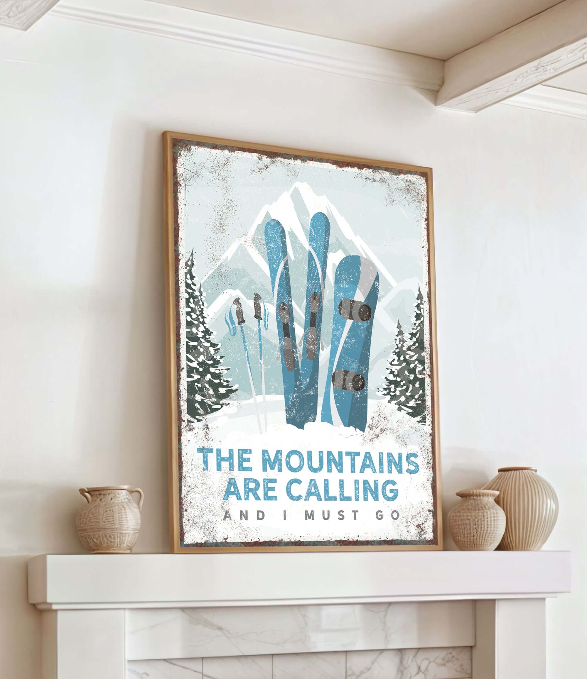 a picture of skis on a mantle in a living room
