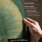 a hand holding a leaf, with text providing information about the paper print options available.