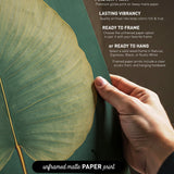 a hand holding a leaf, with text providing information about the paper print options available.