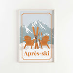 a snowy mountain landscape with two wooden chairs and skis, and the text "Apres-ski" below the chairs.