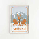 a snowy mountain landscape with two wooden chairs and skis, and the text "Apres-ski" below the chairs.