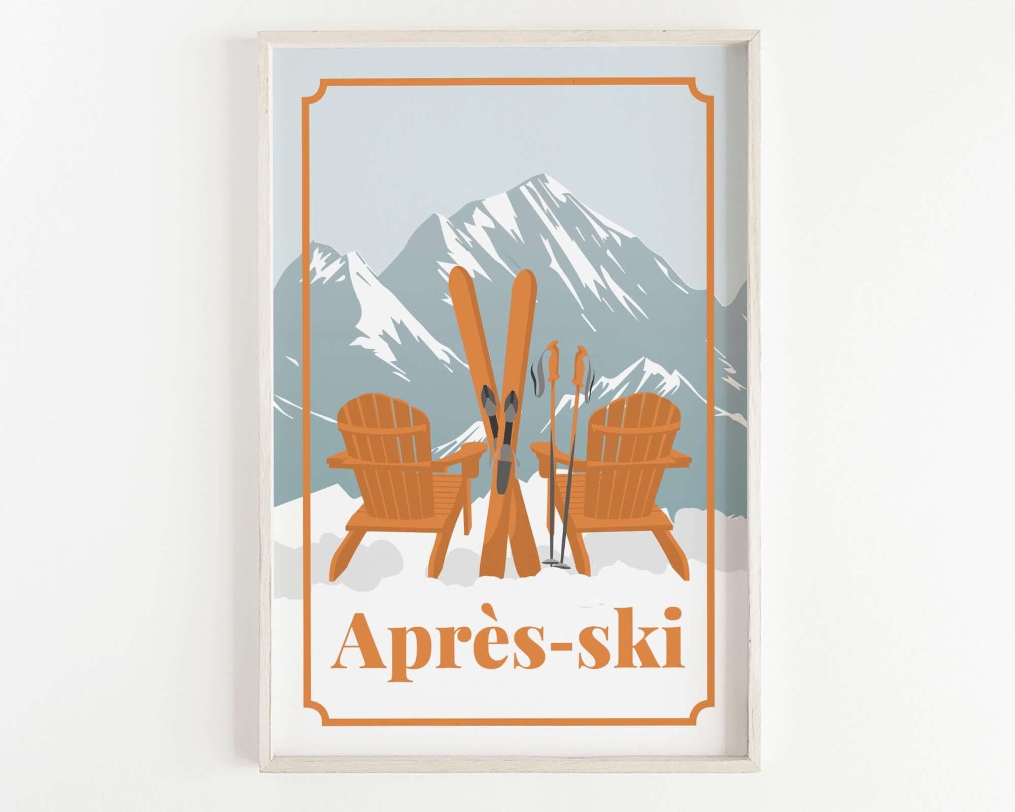 a snowy mountain landscape with two wooden chairs and skis, and the text "Apres-ski" below the chairs.