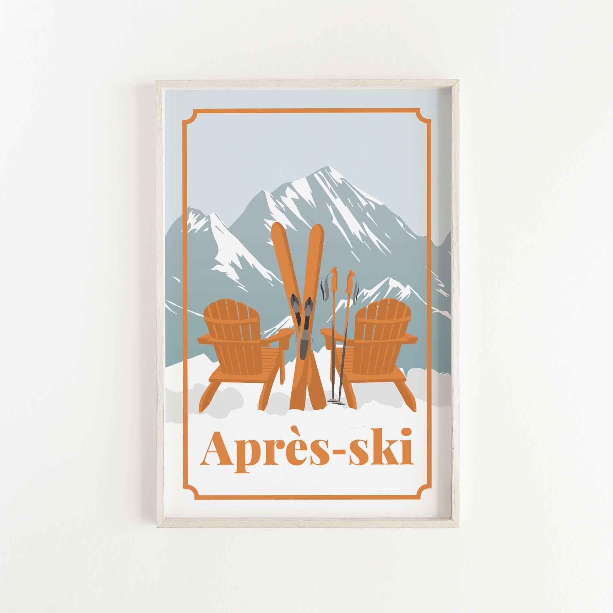 a snowy mountain landscape with two wooden chairs and skis, and the text "Apres-ski" below the chairs.