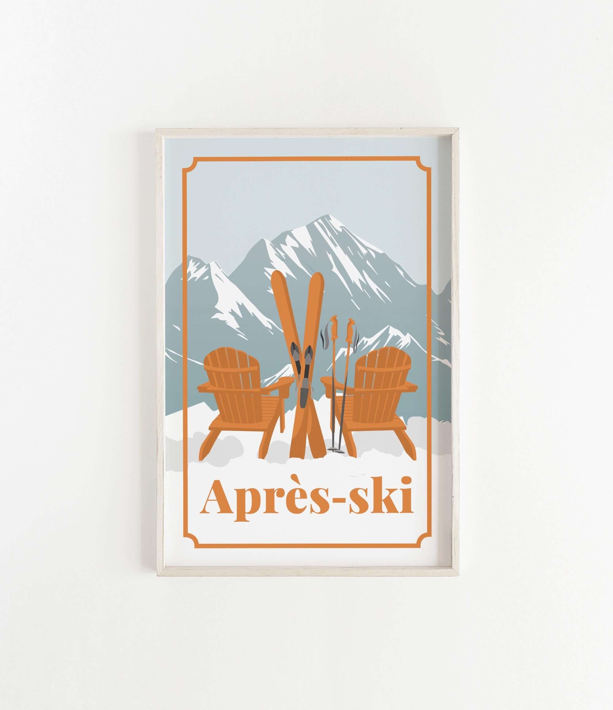 a snowy mountain landscape with two wooden chairs and skis, and the text "Apres-ski" below the chairs.