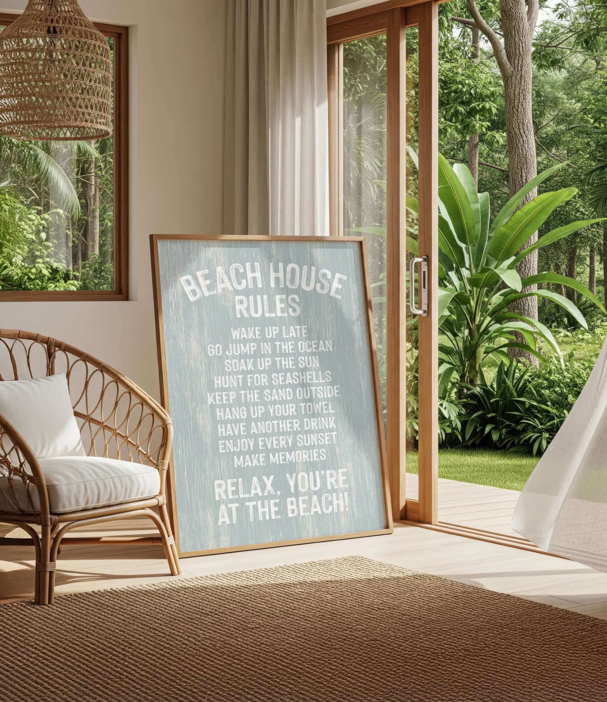 a beach house with a sign that reads "Beach House Rules" in a cozy living room setting.