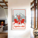 a poster of a ski resort with a fireplace in the background.