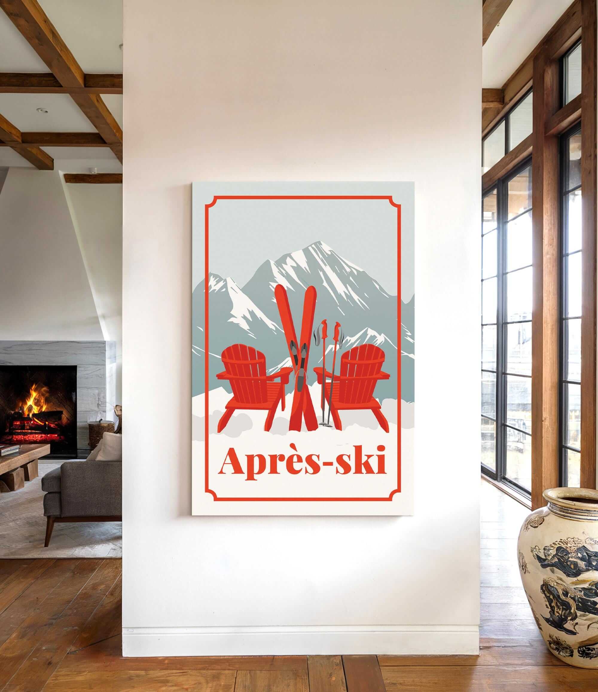 a poster of a ski resort with a fireplace in the background.