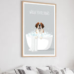 a framed poster with a cartoon illustration of a dog sitting in a bathtub filled with bubbles, with the text "WASH YOUR PAWS" written above it.