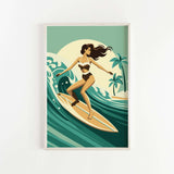 A woman in a black and white swimsuit is surfing on a yellow surfboard, riding a wave in a tropical setting with palm trees and a large moon in the background.