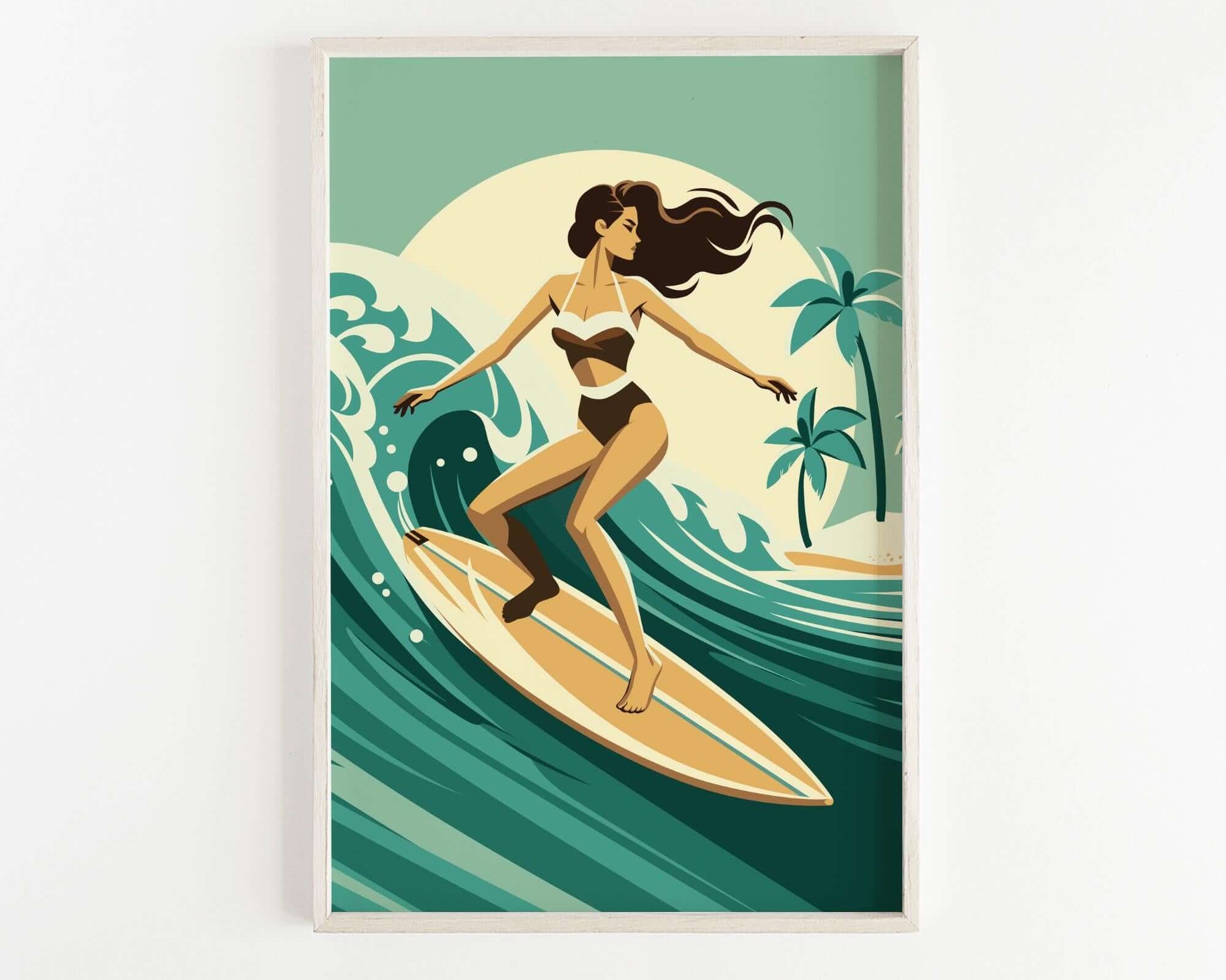 A woman in a black and white swimsuit is surfing on a yellow surfboard, riding a wave in a tropical setting with palm trees and a large moon in the background.