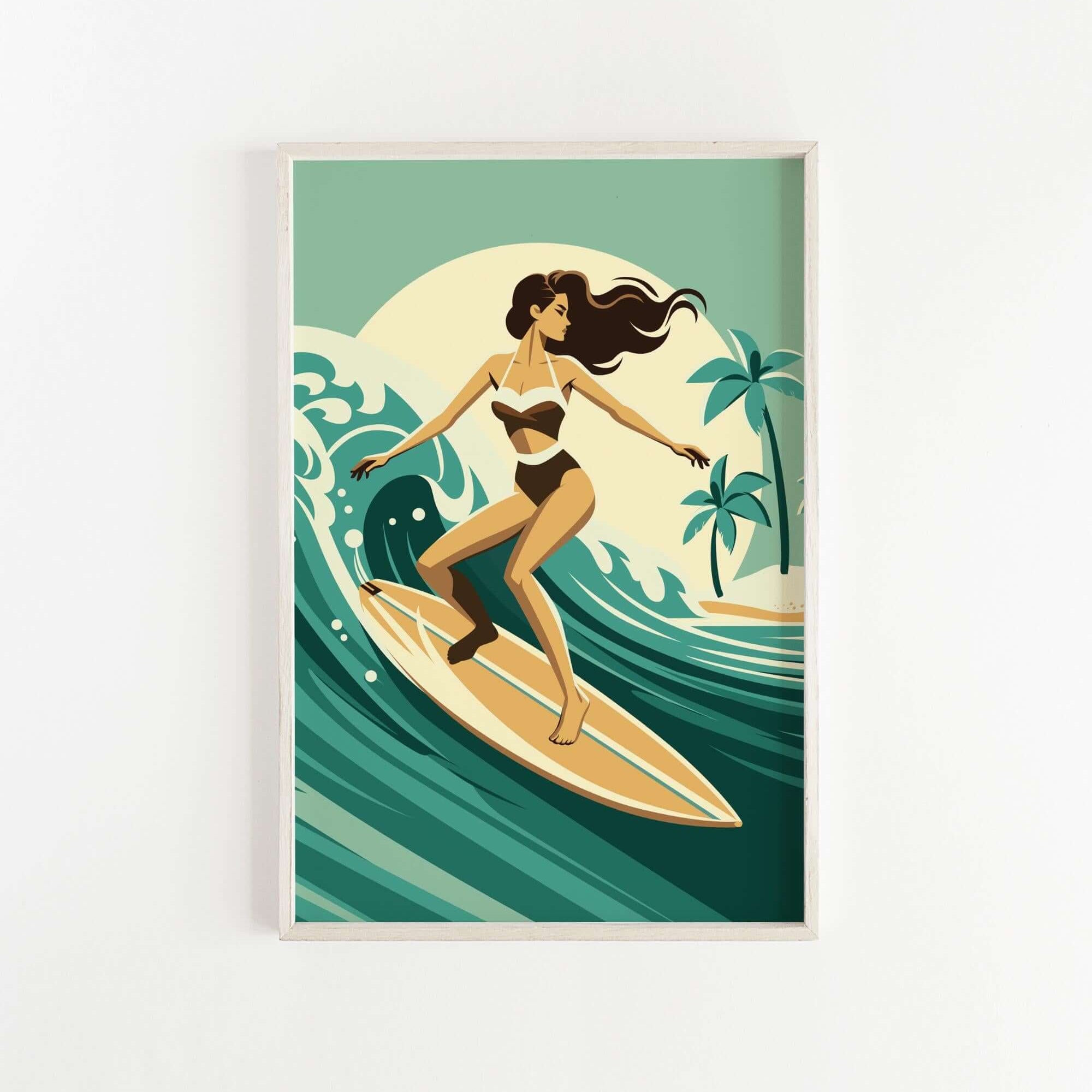 A woman in a black and white swimsuit is surfing on a yellow surfboard, riding a wave in a tropical setting with palm trees and a large moon in the background.
