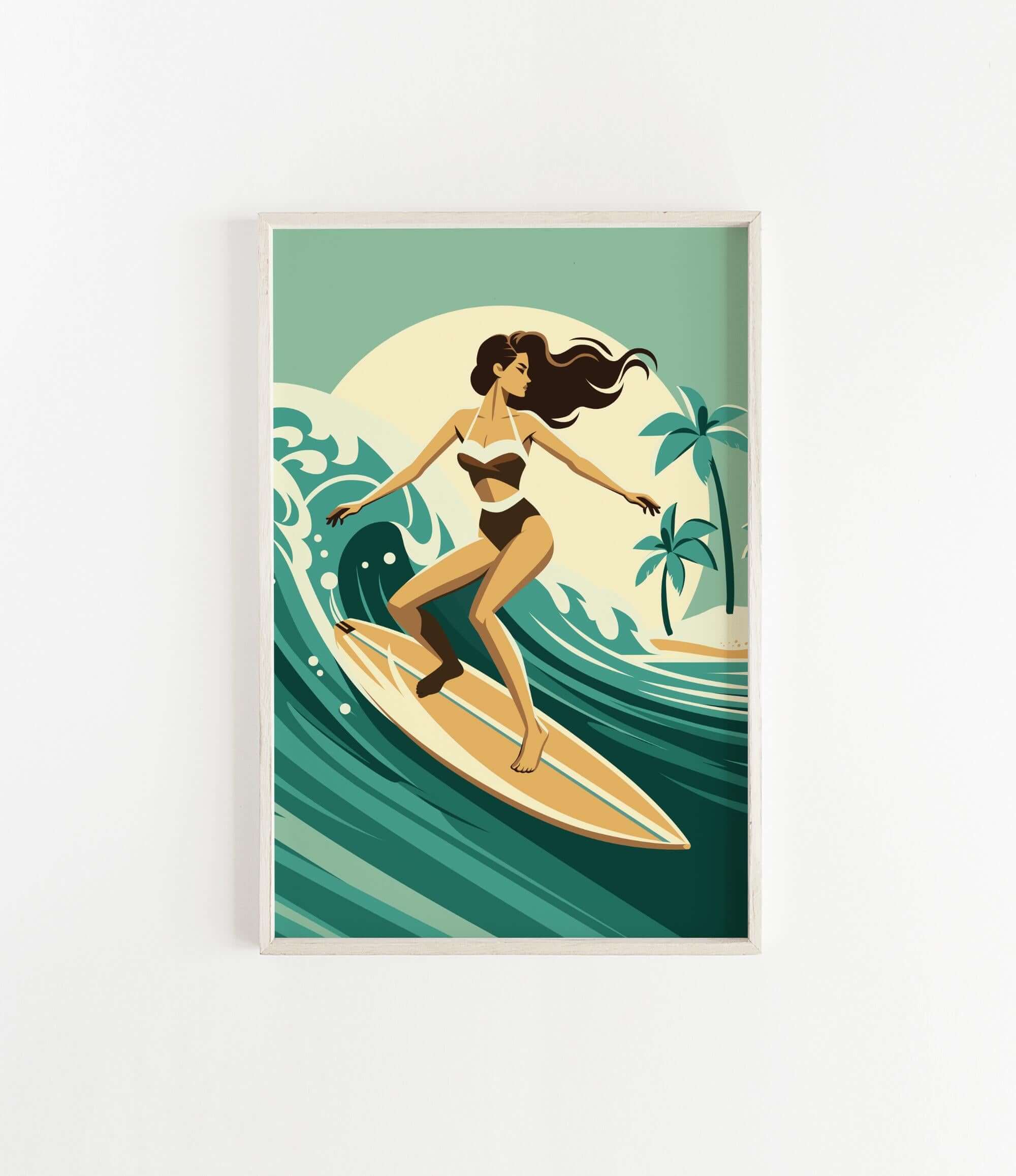 A woman in a black and white swimsuit is surfing on a yellow surfboard, riding a wave in a tropical setting with palm trees and a large moon in the background.