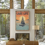 a living room with a large window and a poster on the wall