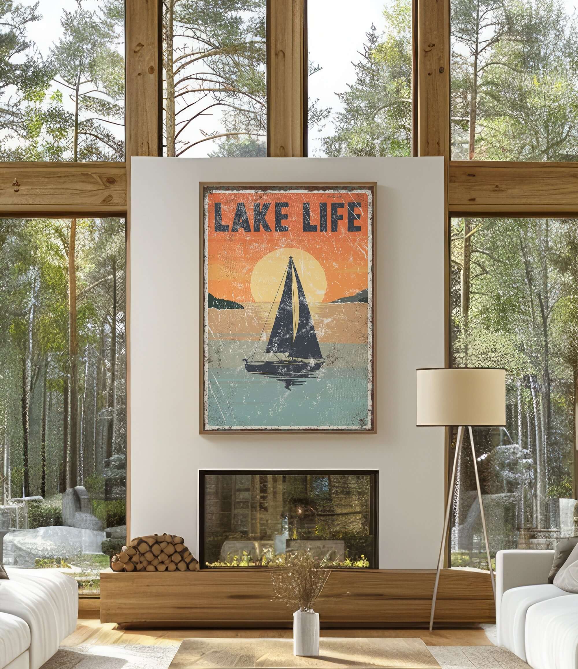 a living room with a large window and a poster on the wall