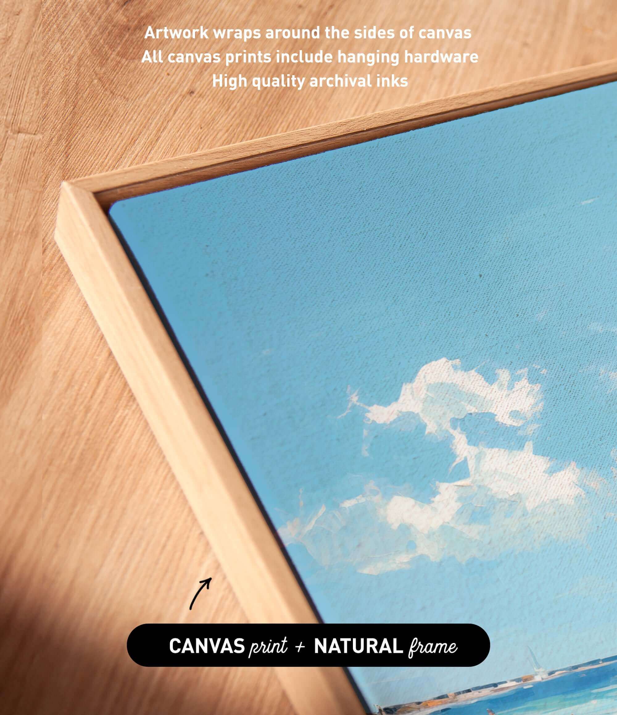 a close-up view of a wooden frame surrounding a canvas print of a blue sky with clouds.