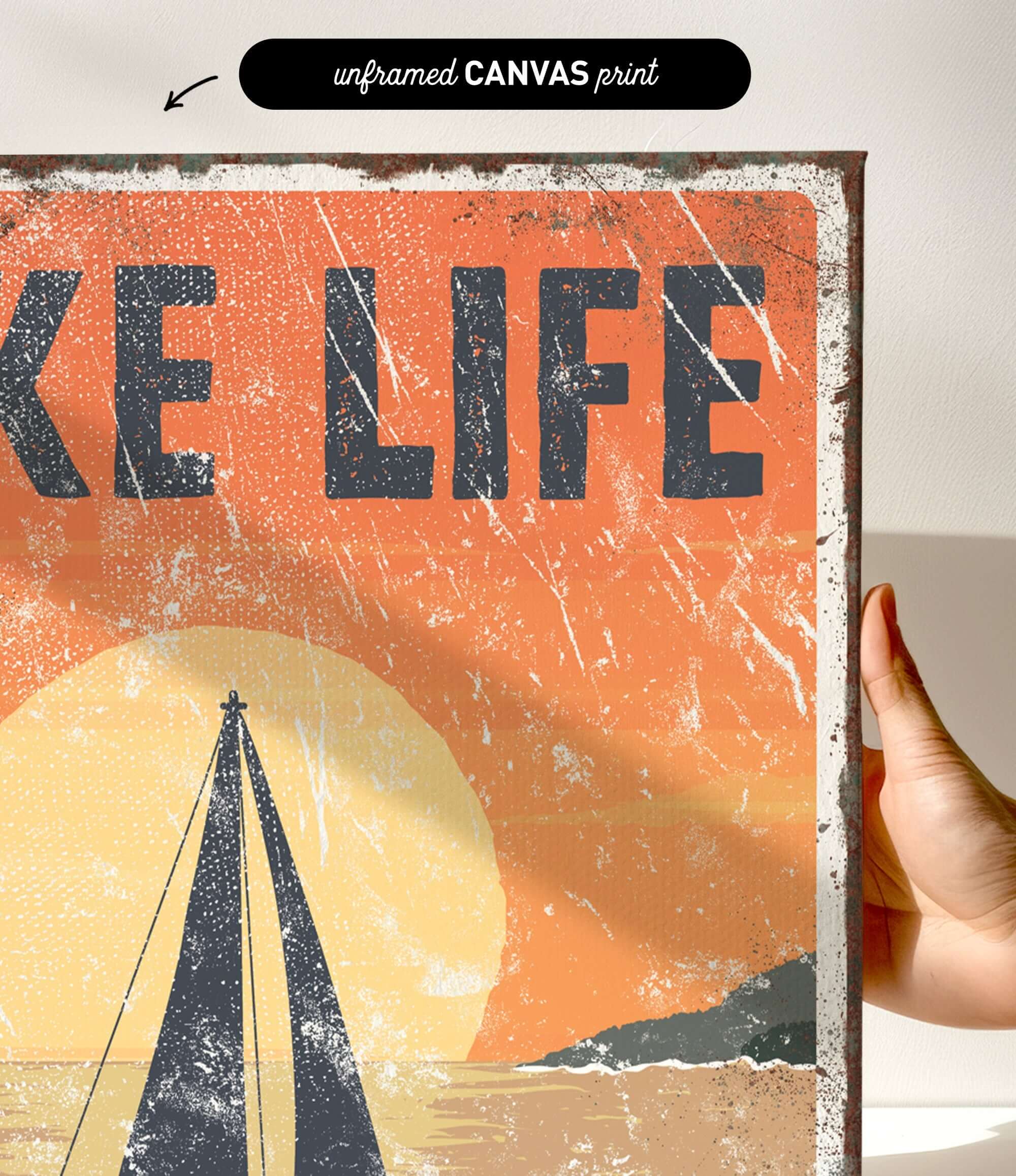 a person holding up a poster with a boat on it