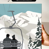 a ski lift carrying two people, with a snowy mountain landscape in the background.