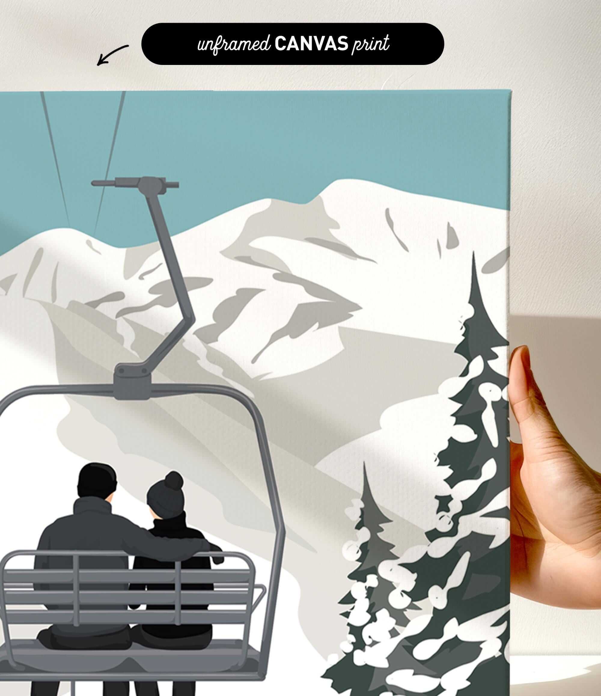 a ski lift carrying two people, with a snowy mountain landscape in the background.