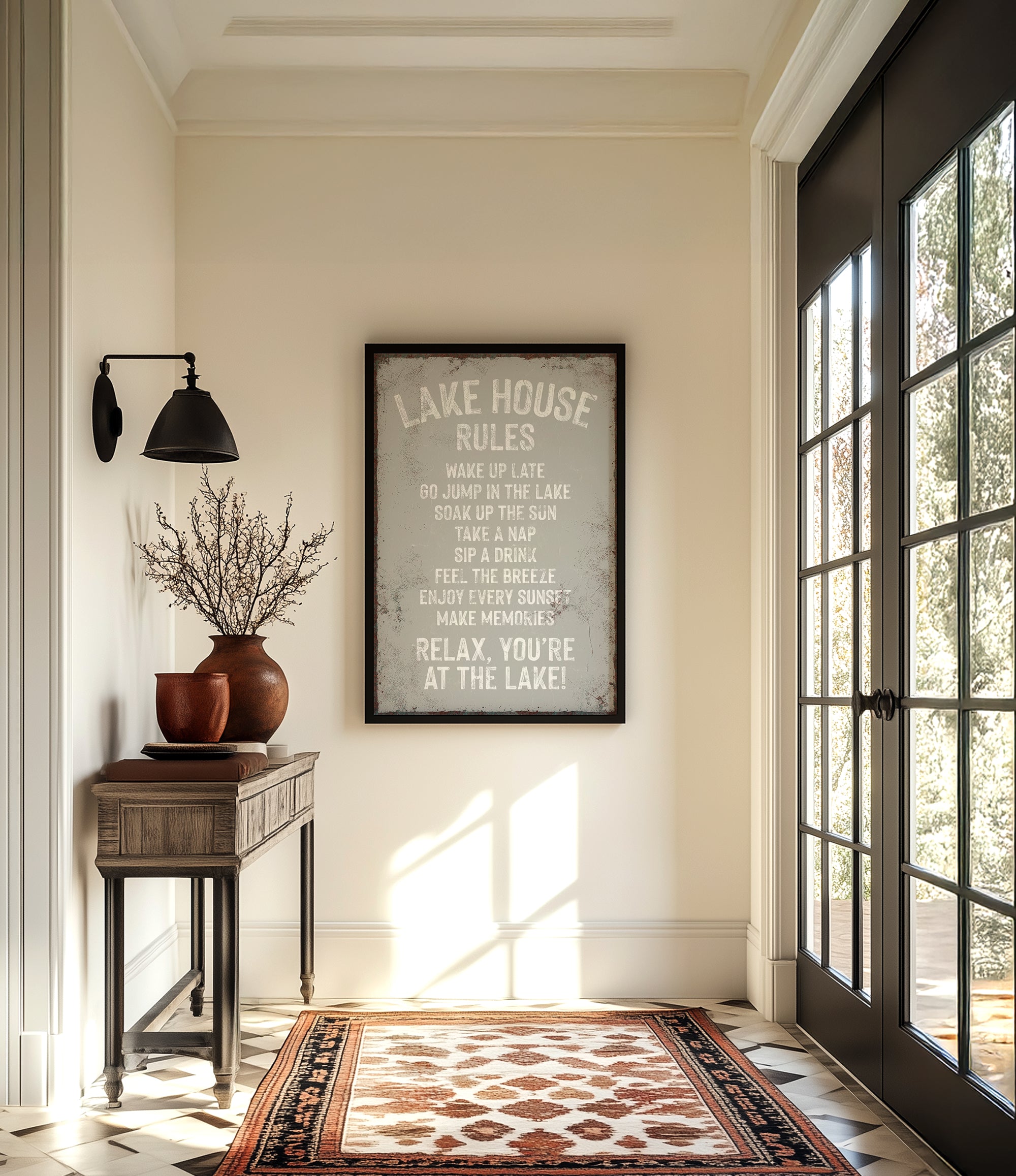a hallway with a framed sign that reads "LAKESHORE RULES", a wooden table with a vase of branches, and a rug on the floor.