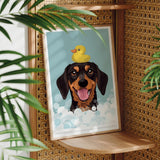 A framed illustration of a dog with a yellow rubber duck on its head, surrounded by bubbles, is displayed on a woven shelf.