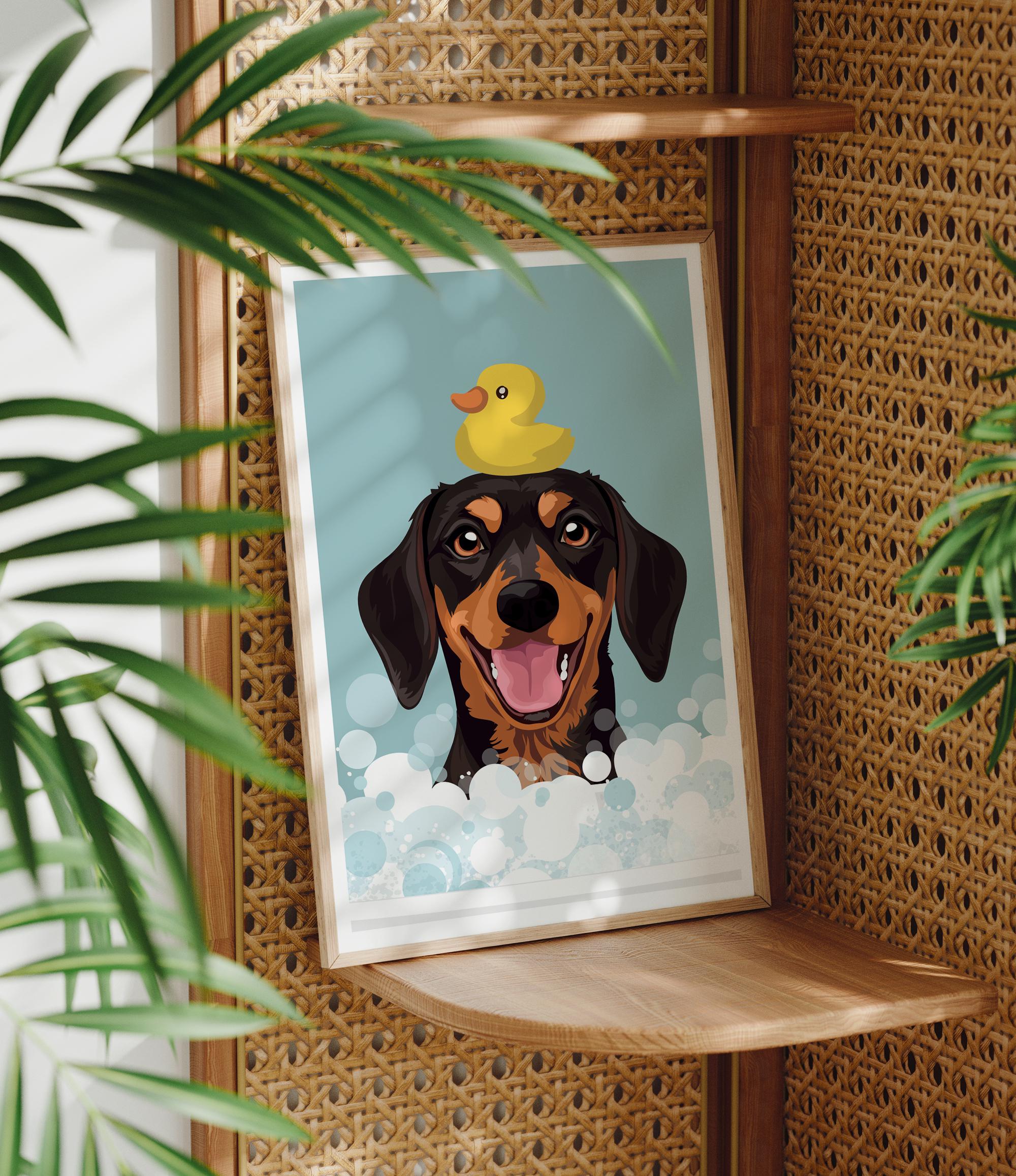 A framed illustration of a dog with a yellow rubber duck on its head, surrounded by bubbles, is displayed on a woven shelf.