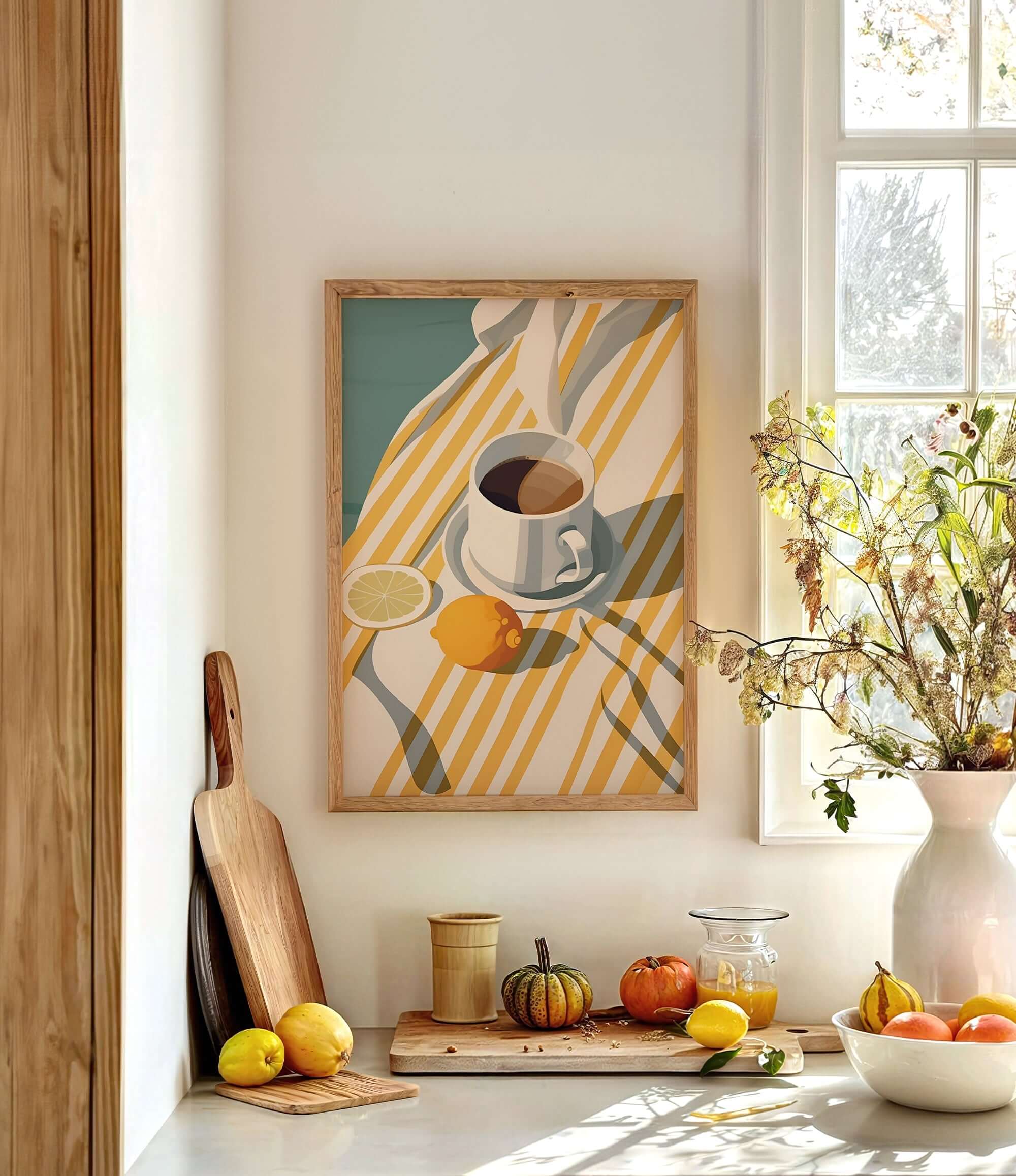 a cozy kitchen scene with a framed painting of a cup of coffee and a lemon on a striped tablecloth, surrounded by various kitchen items such as a cutting board, a bowl of fruit, and a vase of flowers.