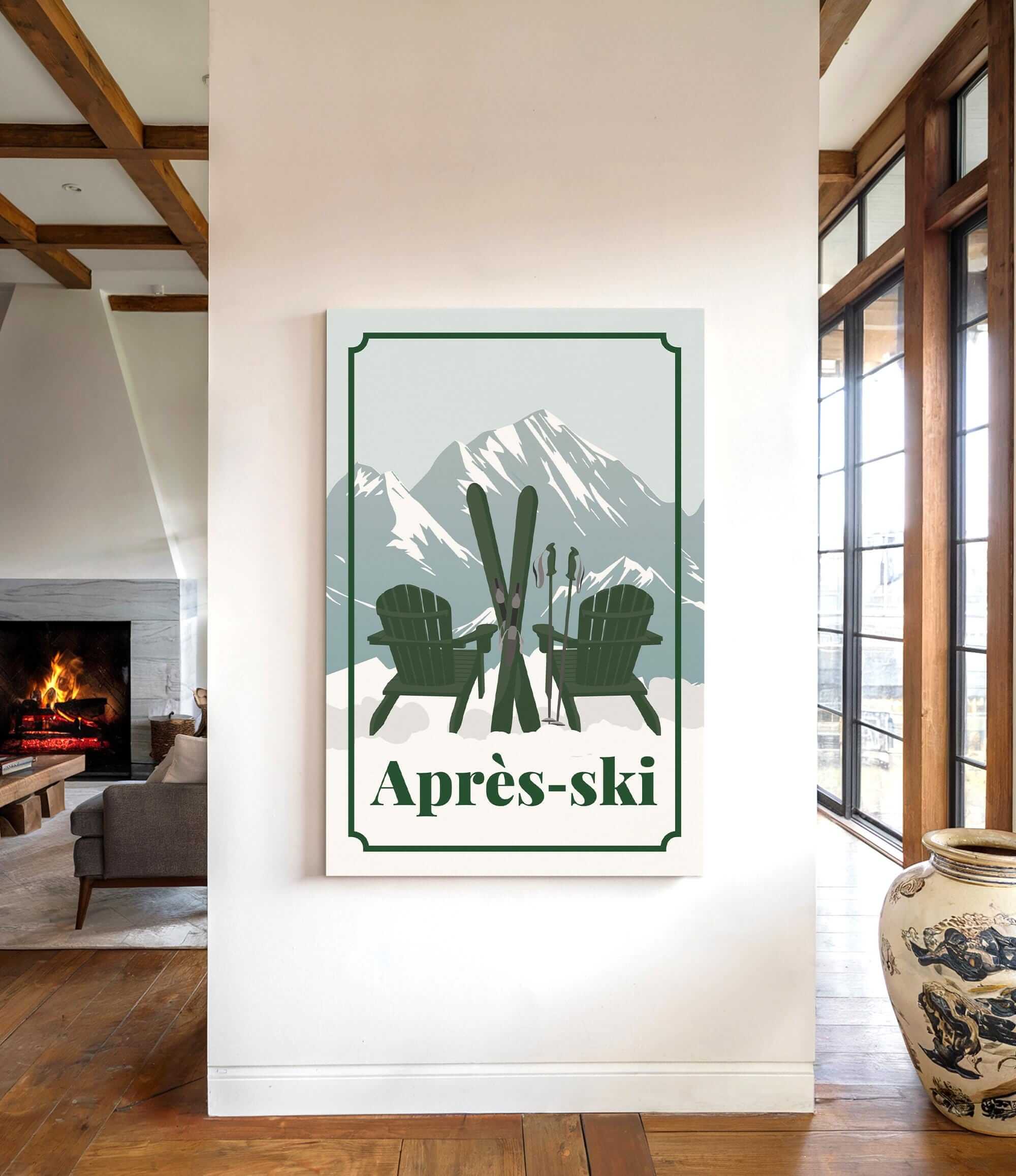 a cozy indoor setting with a fireplace, a large vase, and a framed poster of two green Adirondack chairs with skis on them, along with the text "Apres-ski" (ski resort).