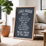 A chalkboard sign in a living room displaying the "Lake House Rules" for guests to follow.