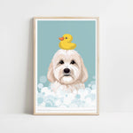 A framed illustration of a dog with a yellow rubber duck on its head, surrounded by bubbles.