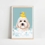 A framed illustration of a dog with a yellow rubber duck on its head, surrounded by bubbles.