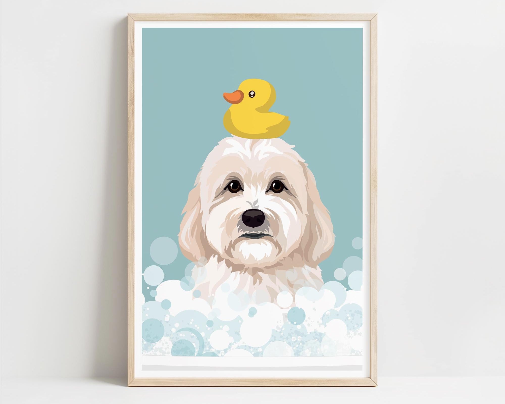 A framed illustration of a dog with a yellow rubber duck on its head, surrounded by bubbles.