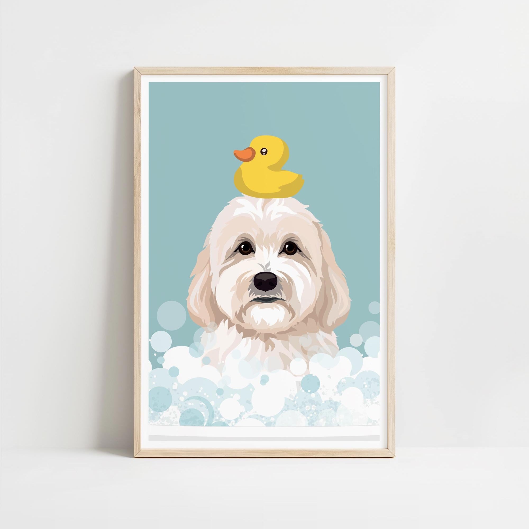 A framed illustration of a dog with a yellow rubber duck on its head, surrounded by bubbles.