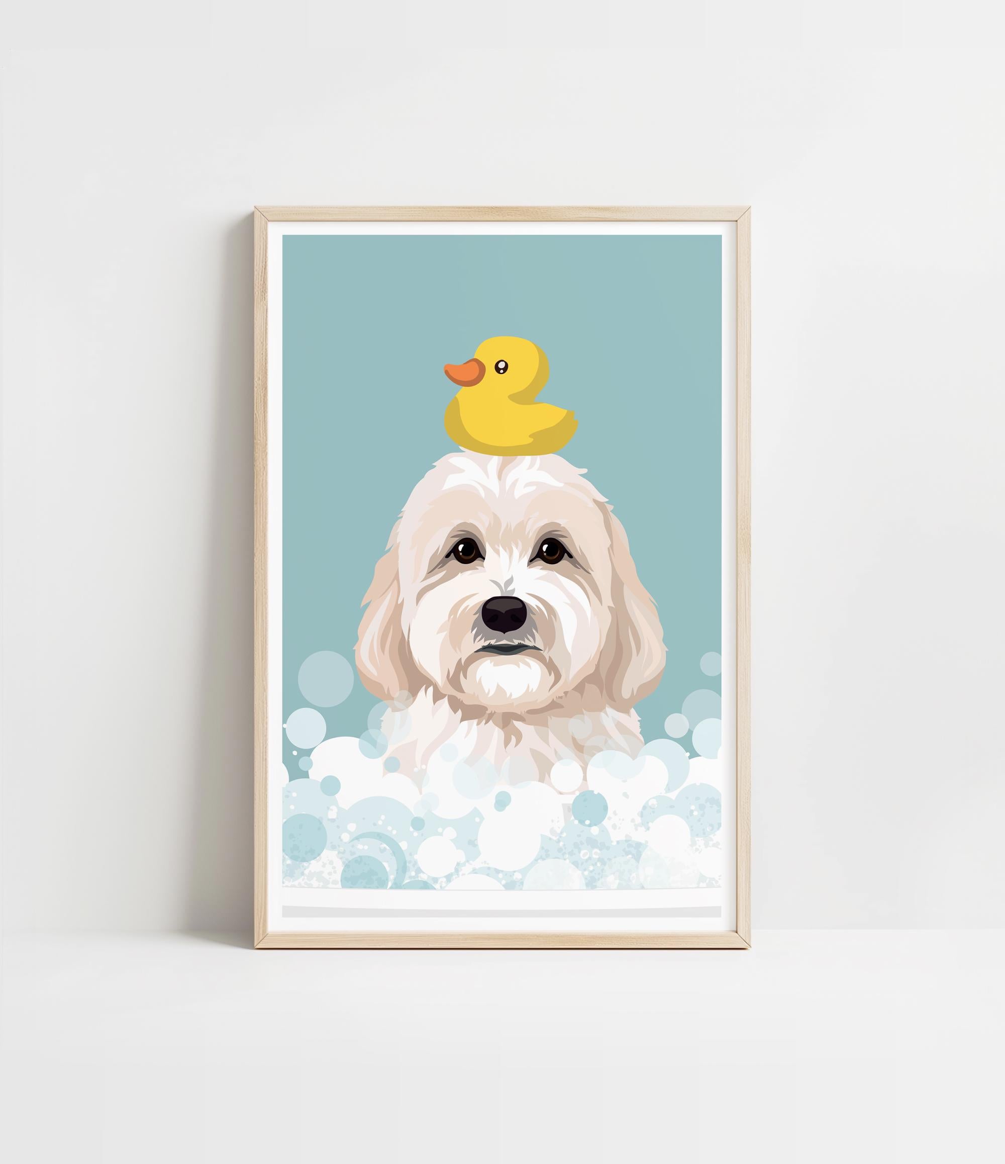 A framed illustration of a dog with a yellow rubber duck on its head, surrounded by bubbles.