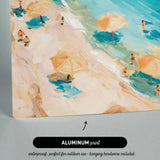 The image is an oil painting depicting a beach scene with people relaxing under umbrellas on a sunny day.