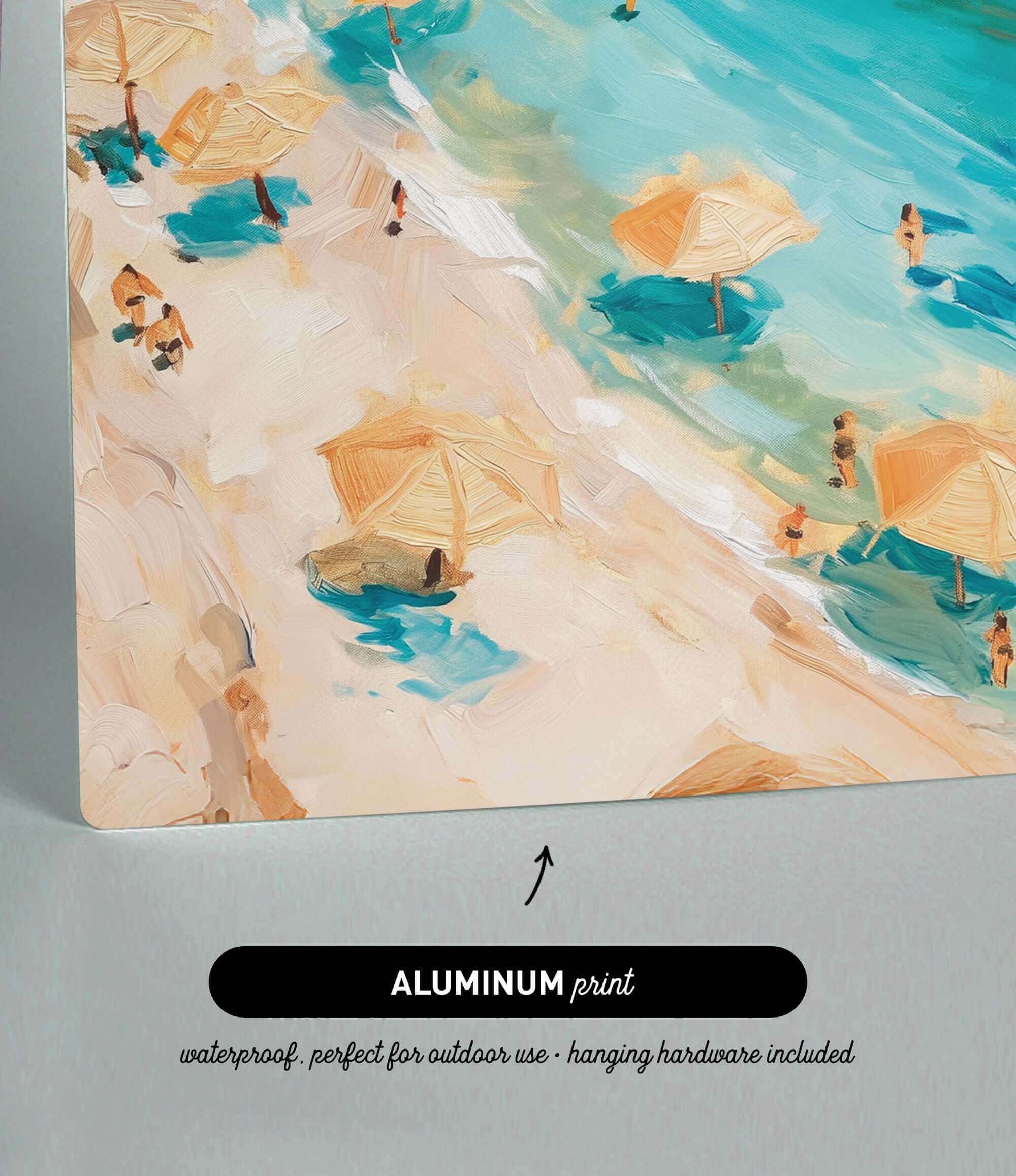 The image is an oil painting depicting a beach scene with people relaxing under umbrellas on a sunny day.