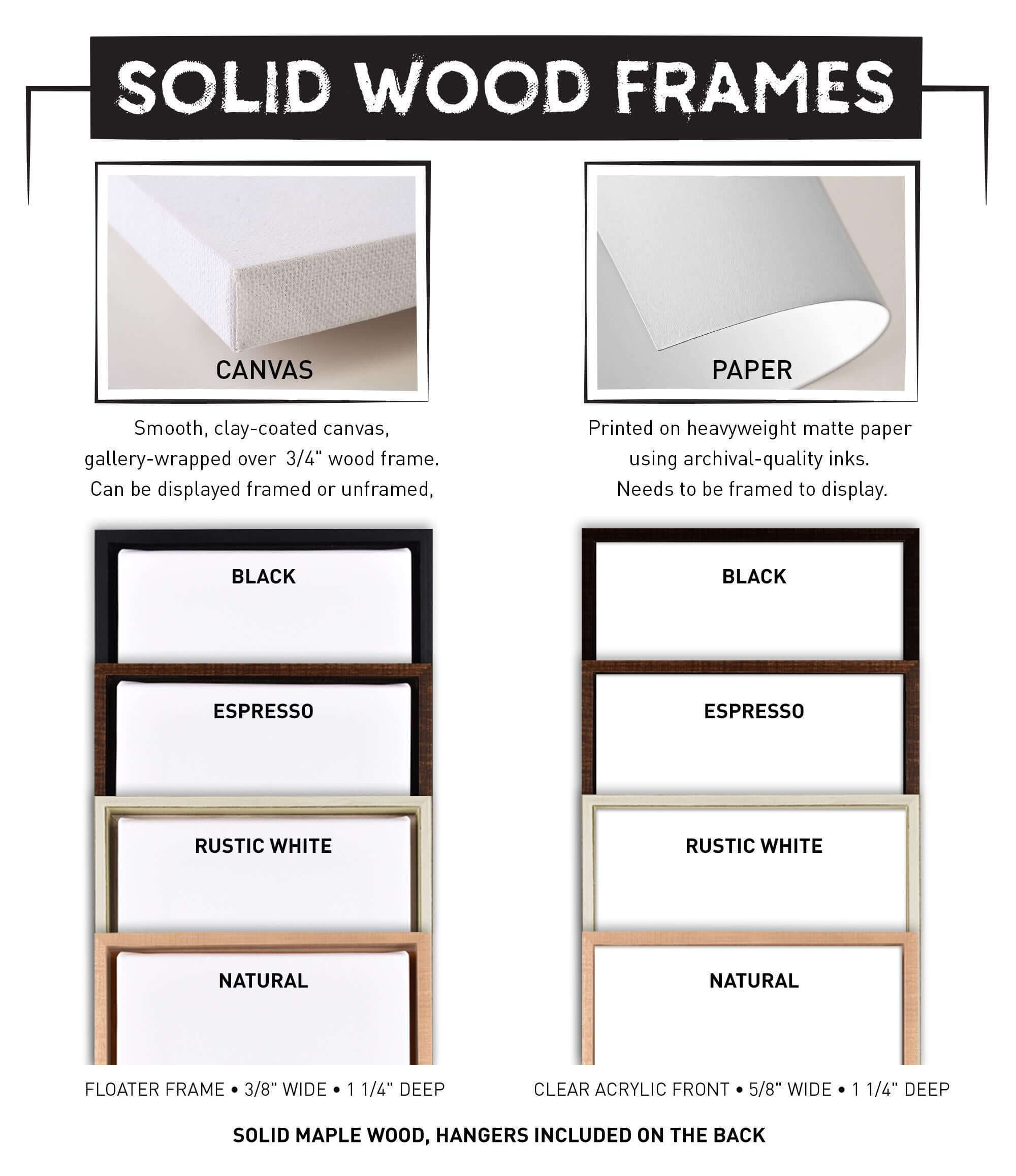 Comparison chart of solid wood frame colors and styles for the "Woman Surfing Wall Art | Beach Hair Don't Care | Pink Print," perfect for coastal or ocean-themed decor, with sample frame images included.