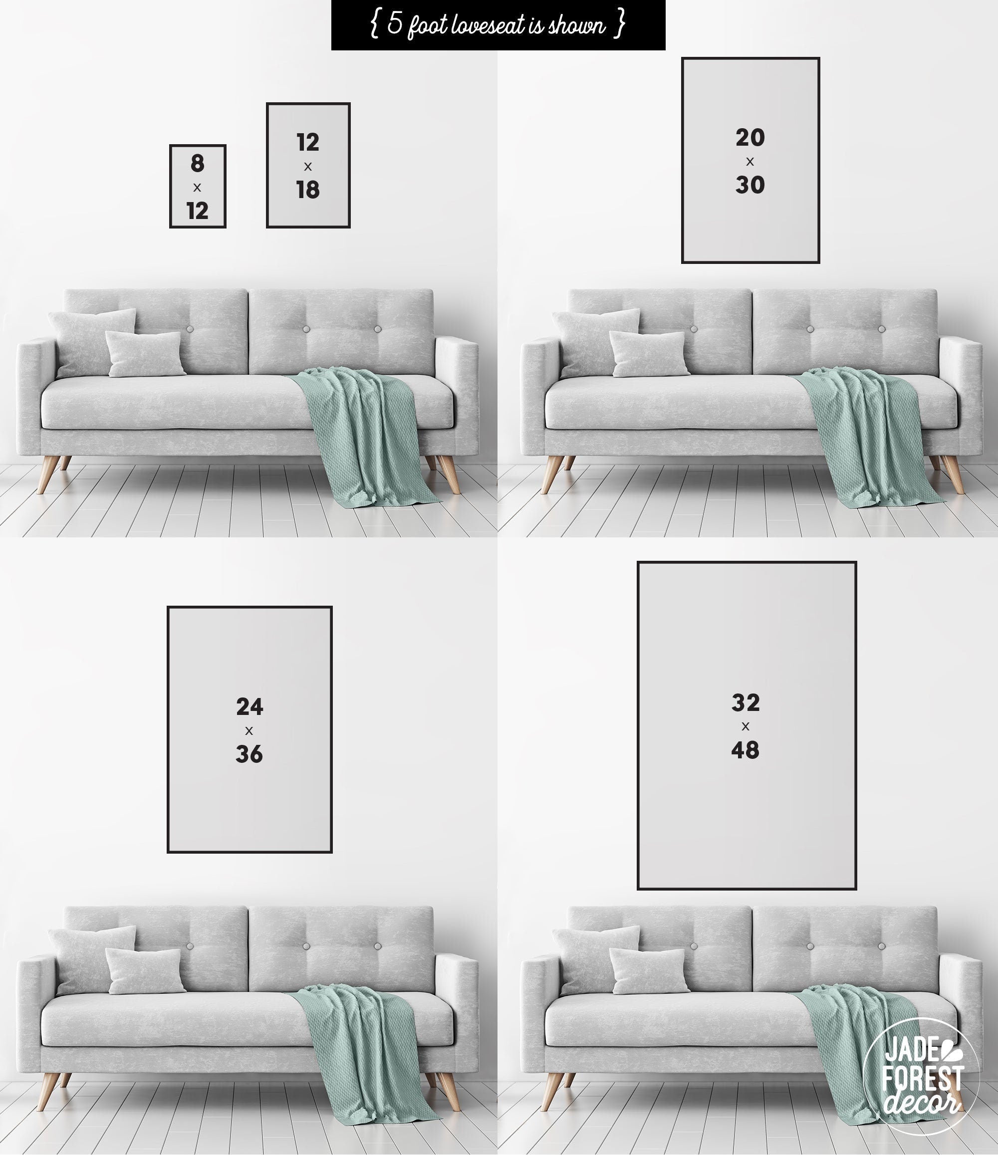 A 5-foot loveseat shown with framed Beach House Rules Sign, Painted Wood, Seagrass above—demonstrating wall art scale and offering perfect inspiration for coastal or beach house decor.