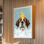 A framed illustration of a dog with a yellow rubber duck on its head, set against a blue background with white bubbles.