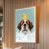 A framed illustration of a dog with a yellow rubber duck on its head, set against a blue background with white bubbles.