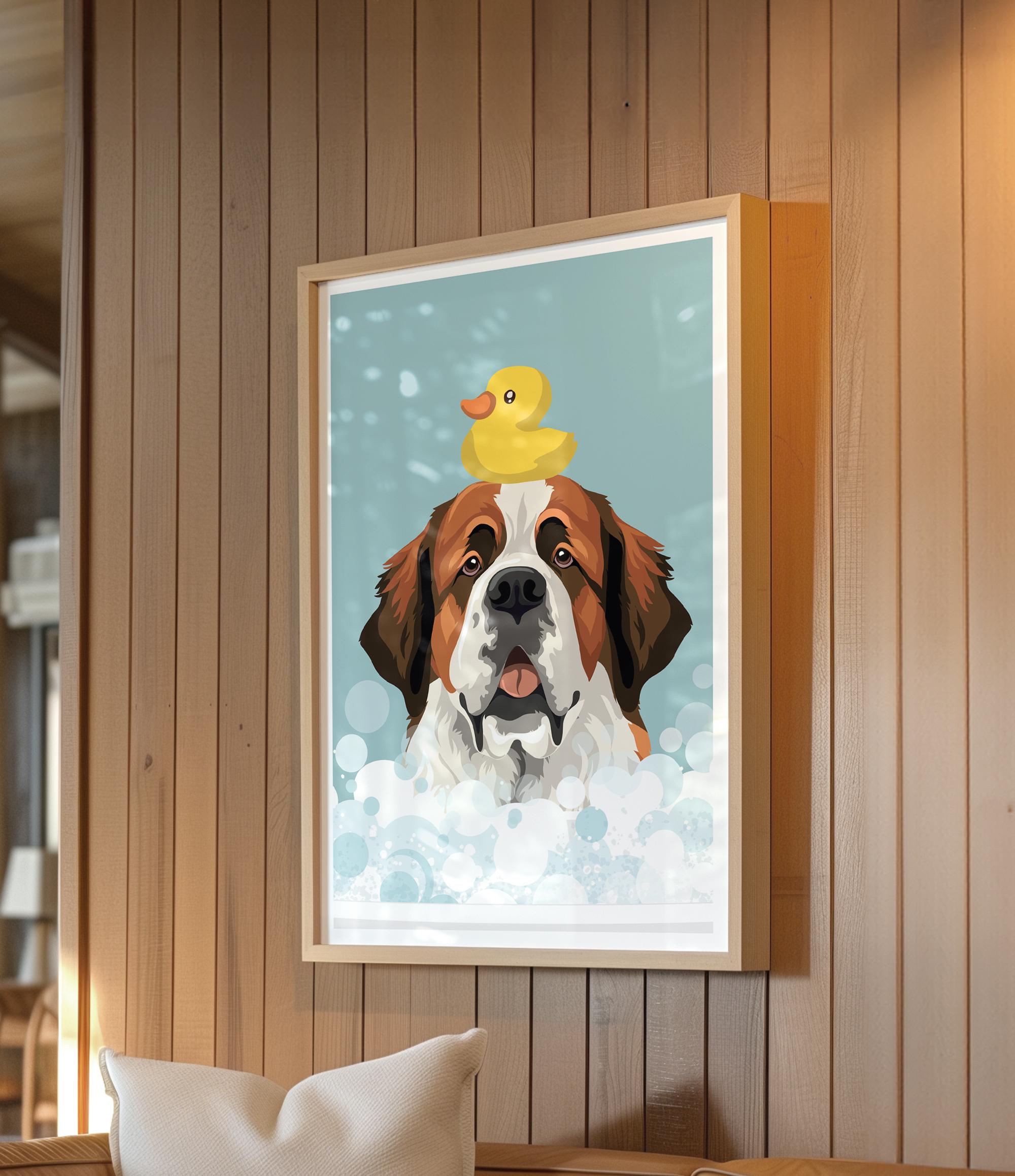 A framed illustration of a dog with a yellow rubber duck on its head, set against a blue background with white bubbles.