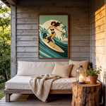a cozy outdoor setting with a wooden porch, a comfortable sofa, and a framed illustration of a woman surfing on a wave.